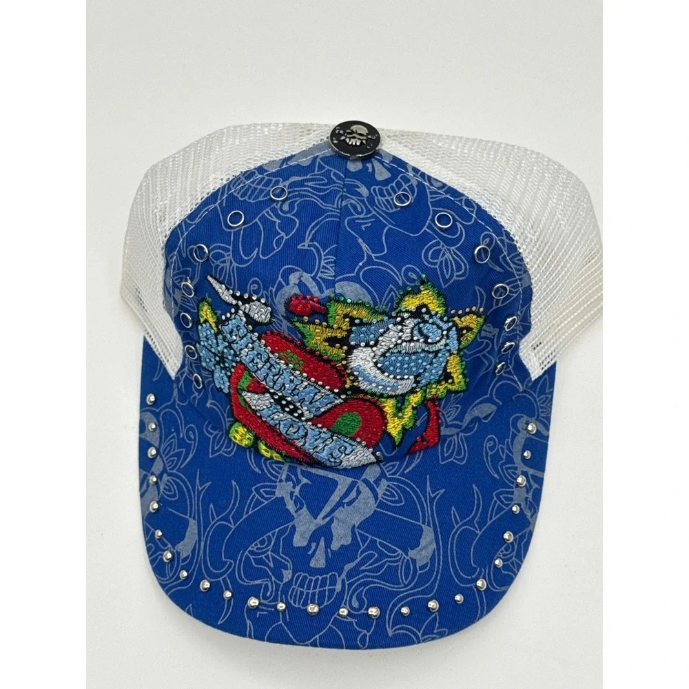 Ed Hardy Style Blue White Embroidered Studded Trucker Hat New Eternal Love Blue